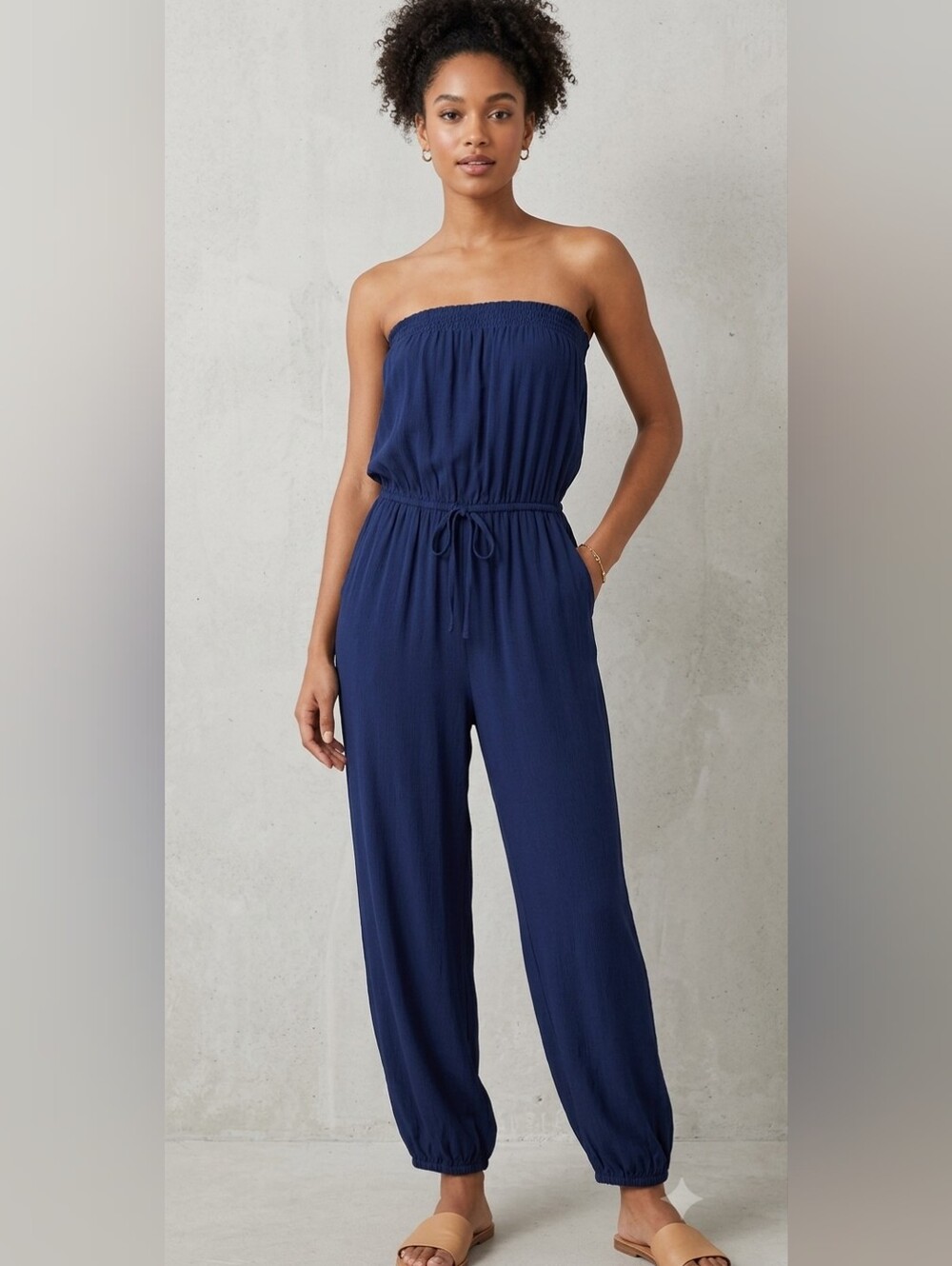 Indigo Rose Womens Medium Jumpsuit Jogger Navy Blue Strapless High Rise Boho